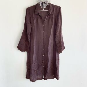 J. Jill Brown Silk Look Shirt Dress Floral Embroidered S